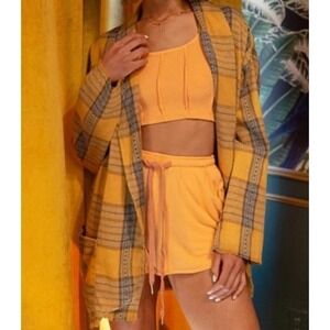 POL Oversized Boho Yellow and Blue Plaid Blazer Jacket Raw Hem Patch Pocket Sz M